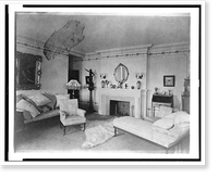 Bedroom with fireplace, padded chaise longue, sofa, male nude statuette, and polar bear rug, in home of Edmund Cogswell Converse, Greenwich, Connecticut Classic, Antique Poster