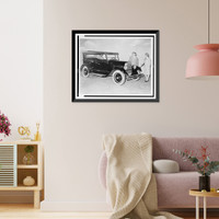 Man and woman in period costumes looking at a 1924 Chrysler, Historic Print