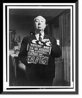 Alfred Hitchcock, three-quarter length portrait, standing on movie set, holding clapper boards for Psycho"", Antique Wall Art