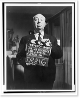 Alfred Hitchcock, three-quarter length portrait, standing on movie set, holding clapper boards for Psycho"", Antique Wall Art