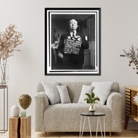 Alfred Hitchcock, three-quarter length portrait, standing on movie set, holding clapper boards for Psycho"", Antique Wall Art