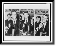 Three views showing Robert F. Kennedy, half-length portraits, standing at microphone, speaking to press in New York, with presidential campaign poster for John F. Kennedy in background Vintage Wa