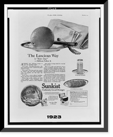 Advertisement for Sunkist oranges, showing oranges and glass of orange juice, Vintage Poster
