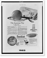 Advertisement for Sunkist oranges, showing oranges and glass of orange juice, Vintage Poster