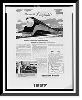 Advertisement for Southern Pacific Railway, showing new streamlined train, interior of dining car, and map of four routes of Southern Pacific, Historic Print