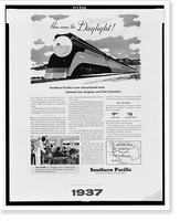 Advertisement for Southern Pacific Railway, showing new streamlined train, interior of dining car, and map of four routes of Southern Pacific, Historic Print
