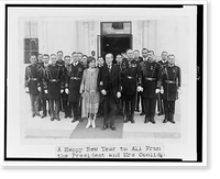 President and Mrs. Coolidge with military aides, just after they assisted in a New Year reception, posed outside the White House Classic, Historic Reproduction