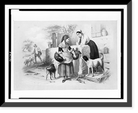 Woman, with chickens and ducks in baskets, facing another woman at wall of building, two dogs, and man walking with a pig, Antique Print