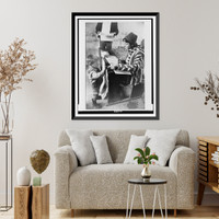Peace Corps social worker supervising school lunch program, with young student, Calaca, Peru Classic, Antique Wall Art