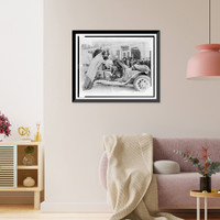 Historic Framed Print, [Four men in automobile, with American flags on snow-covered street, on the New York to San Francisco leg of the 1908 New York to Paris automobile race],  17-7/8" x 21-7/8"
