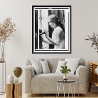 Historic Framed Print, [Helen Keller, half-length portrait, facing left, touching statue],  17-7/8" x 21-7/8"