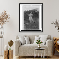Historic Framed Print, [Woman in flowing white dress with harp in field],  17-7/8" x 21-7/8"
