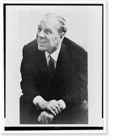 Jorge Luis Borges, three-quarter length portrait, seated, facing left, Historic Reproduction
