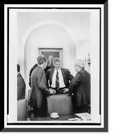 President Bill Clinton, Newt Gingrich, Bob Dole, and another man talking near table, Antique Print
