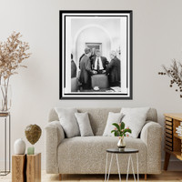 President Bill Clinton, Newt Gingrich, Bob Dole, and another man talking near table, Antique Print