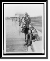 Abbey Jackson, seated, and Celene DuPuy ice skating on reflecting pool, with Lincoln Memorial in background, Antique Poster