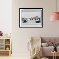 Historic Framed Print, China, Kiangsu Province, Shanghai, industrial plants on Soochow Creek, with boats at a cotton mill in the foreground,  17-7/8" x 21-7/8"