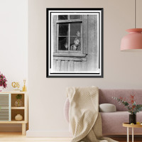 Boy at window of house waiting for his father to come home with something to eat Classic, Antique Print
