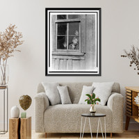 Boy at window of house waiting for his father to come home with something to eat Classic, Antique Print
