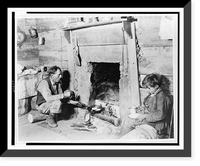 Typical Kentucky mountaineer home. 70 year-old grandfather cooking his Red Cross bacon over the fire for himself and grandson, Vintage Wall Art