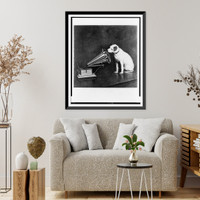 Historic Framed Print, [Photograph of painting of RCA dog facing an RCA phonograph],  17-7/8" x 21-7/8"