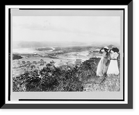 Two women, standing on hill, overlooking Pacific entrance to the Panama Canal, Balboa, Panama, Vintage Print