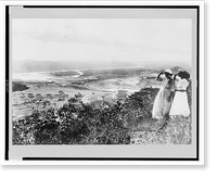 Two women, standing on hill, overlooking Pacific entrance to the Panama Canal, Balboa, Panama, Vintage Print