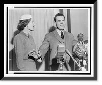 Vice President elect Richard Nixon standing behind microphones with wife Pat, Vintage Poster