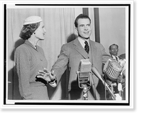 Vice President elect Richard Nixon standing behind microphones with wife Pat, Vintage Poster