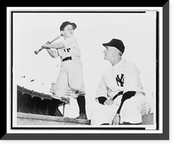 Eight year old Joe DiMaggio, Jr. poised with baseball bat, Casey Stengel seated before him, Vintage Wall Art