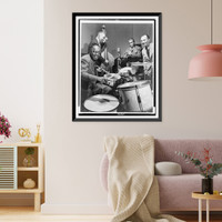 Historic Framed Print, [Louis Armstrong on trumpet, Warren Dodds on drums and George Foster on the double bass during broadcast of This is Jazz" radio show,  directed by Rudi Blesh (far right)]",  17-7/8" x 21-7/8"