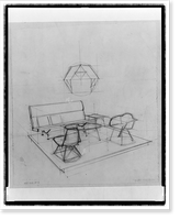 Sketch of Herman Miller showroom with Eames furniture and hanging polyhedron, Vintage Wall Art