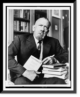 John Steinbeck, three-quarter length portrait, seated, facing front, holding copy of his book Travels with Charley"", Vintage Poster