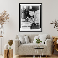 Bill Stern, three-quarter length portrait, seated at microphones, facing left, Vintage Wall Art