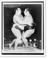 Kagamisato (left) and Yoshibayama, Japanese Sumo wrestlers, during match in Tokyo, Vintage Wall Art