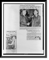 Two newspaper clippings, one showing Joseph Erlanger with apparatus which measures nerve electrical impulses and the other showing him shaking hands with Edward A. Doisy, Antique Print