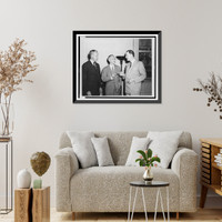 Historic Framed Print, [Laughlin Currie, being presented with a silver cigarette case by two men, on his retirement as president of the War Agencies Employees Protective Association],  17-7/8" x 21-7/8"