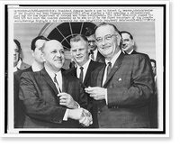 President Lyndon B. Johnson (right) gives pen used to sign bill creating HUD to Robert C. Weaver, as Henry Helstoski (center) looks on, Antique Wall Art