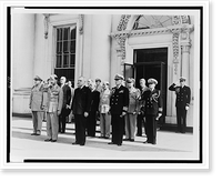 Harry S. Truman, full-length portrait, standing at attention, facing slightly left, with members of the military and other men, at a ceremony, outside the White House(?), Vintage Print