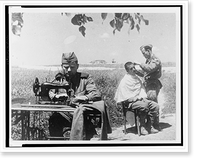 Historic Framed Print, [Soviet soldiers in the field at Novorossiisk, one sewing on a machine while another has a haircut or shave].Evgenii Khaldei.,  17-7/8" x 21-7/8"
