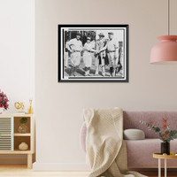 Pitcher Jackie Mitchell shaking hands with Babe Ruth, while Lou Gehrig (left) and Joe Engel stand by, Antique Wall Art