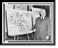 Harry S. Truman, half-length portrait, standing next to budget charts for 1954, during press conference, Antique Poster