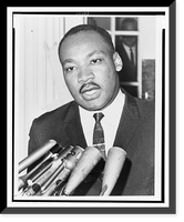 Rev. Martin Luther King, head-and-shoulders portrait, standing behind a row of microphones, facing front, outside the White House, after meeting with President Kennedy, Vintage Wall Art