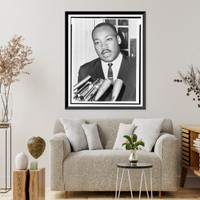 Rev. Martin Luther King, head-and-shoulders portrait, standing behind a row of microphones, facing front, outside the White House, after meeting with President Kennedy, Vintage Wall Art
