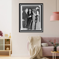 Historic Framed Print, [David Schine, sandwiched between colleague Roy M. Cohn (right) and their boss Senator Joseph R. McCarthy (left), discussing the State Department's Voice of America program with newsreporters in New York],  17-7/8" x 21-7/8"