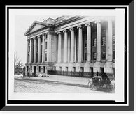 Facade of the United States Treasury Building, Washington, D.C., with a carriage on street near building, Antique Print