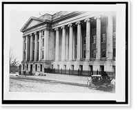 Facade of the United States Treasury Building, Washington, D.C., with a carriage on street near building, Antique Print