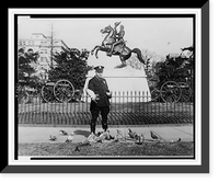 U.S. Park Police officer feeding pigeons in front of statue of Andrew Jackson on horseback, Lafayette Square, Washington, D.C, Antique Print