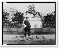 U.S. Park Police officer feeding pigeons in front of statue of Andrew Jackson on horseback, Lafayette Square, Washington, D.C, Antique Print