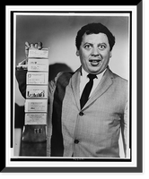 Marty Allen, half-length portrait, holding wallet with six credit cards extended in accordion fashion.World Telegram & Sun photo by Al Ravenna, Vintage Print